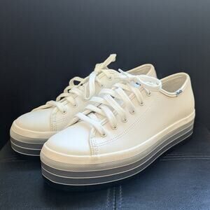 Keds Triple Kick Blue Rainbow Stripe Platform White Leather Lace Up Sneakers